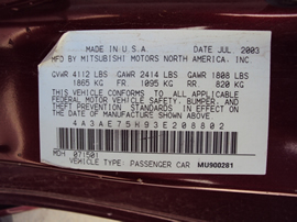 2003 MITSUBISHI ECLIPSE GTS MODEL SPYDER CONVERTIBLE 3.0L V6 MT FWD COLOR RED STK 123611