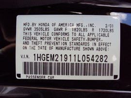 2001 HONDA CIVIC 2 DOOR CPE EX MODEL 1.7L VTEC MT FWD COLOR BLACK STK A12007