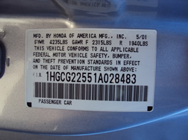 2001 HONDA ACCORD 2 DOOR 3.0L AT FWD COLOR SILVER A12009