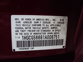 2001 HONDA ACCORD 4 DOOR SEDAN 2.3L AT COLOR BURGUNDY STK A12010