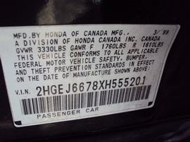 1999 HONDA CIVIC 4 DOOR SEDAN LX MODEL 1.6L AT FWD COLOR BLACK STK A12029