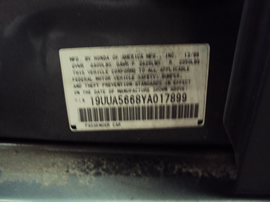 2000 ACURA 4 DOOR SEDAN TL MODEL 3.2L V6 AT FWD COLOR GRAY STK A12030