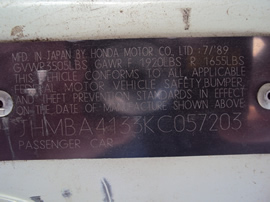 1989 HONDA PRELUDE SI MODEL 2 DOOR COUPE 2.0L DOHC MT FWD COLOR WHITE STK A12034